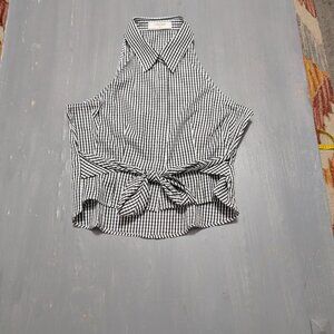 Commense Gingham Halter Wrap Top Black and White Checkered Tie Front
